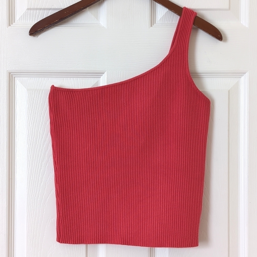 House Of Harlow 1960 Ribbed Knit One Shoulder Cropped Tank Top Coral Red Medium